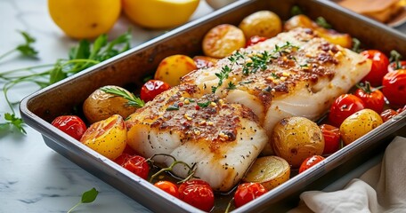Succulent Baked Cod with Roasted Potatoes and Cherry Tomatoes, Served on Elegant Marble