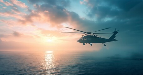 Fototapeta na wymiar Oceanic Overwatch - Army helicopter above sea