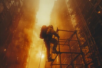 A determined firefighter scales a scaffolding, risking everything to save a person trapped in a raging fire - obrazy, fototapety, plakaty