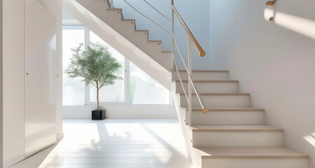 Exploring the Airy Interior of a Modern Home through Its Staircase with White Steps and Elegant Wooden Handrails