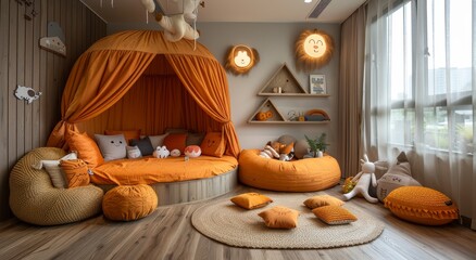 Obraz premium A cozy and eclectic indoor space featuring a circular bed adorned with vibrant pillows and surrounded by intricate wall decorations, highlighted by natural light pouring in from the window, and accen