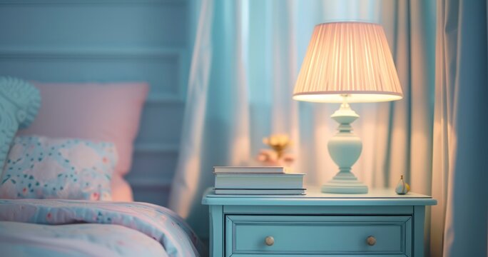 The Calming Presence of a Pastel Blue Nightstand, a Warm Lamp, and Soft-Hued Journals