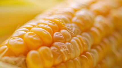 A tight shot of a golden corn on the cob with its kernels bursting with sweetness and juiciness. The natural yellow color of the corn exemplifies its homegrown origins and