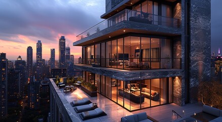 As the sun sets over the metropolis, a towering skyscraper with a stunning balcony stands tall, overlooking the bustling cityscape and offering a breathtaking view of the endless sky