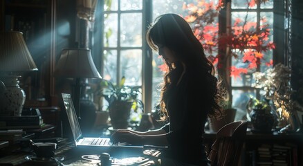 A focused woman harnesses the natural light from a nearby window as she works indoors, typing away on her laptop with determination and grace