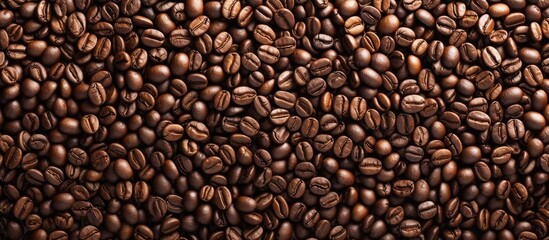 Fototapeta premium A top view photo showcasing a generous amount of coffee beans arranged on a table, capturing the essence of coffee bean background.
