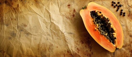 A piece of papaya is placed on top of a textured old paper background, creating an intriguing contrast between the vibrant fruit and the vintage charm of the paper.