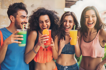 Ggroup of happy friends in a good physical shape drinking fresh juices