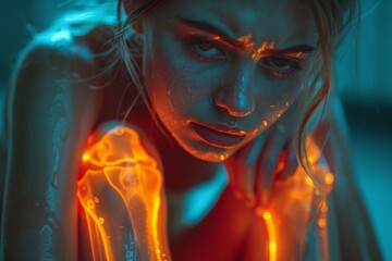 Fototapeta premium A radiant human portrait of a woman with glowing skin, illuminated by the light of art in the darkness, exuding confidence and beauty