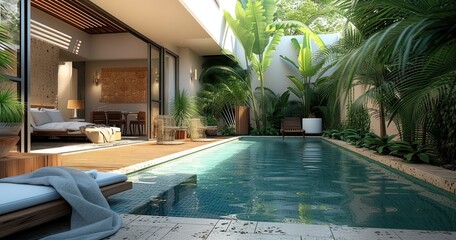 Crafting a Calming Pool Area within a Modern Apartment Patio Using Exotic and Natural Colors