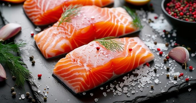 A Raw Fillet of Fresh Salmon Seasoned with Sea Salt and Pepper