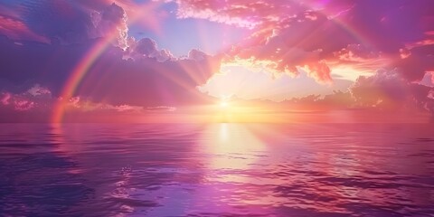 Dramatic sea sunset, Glowing purple clouds and rainbow. Beautiful reflection of light and clouds on the surface of the sea. Fantasy landscape, seascape background. 