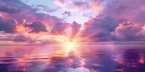 Dramatic sea sunset, Glowing purple clouds and rainbow. Beautiful reflection of light and clouds on...