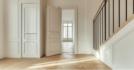 An Empty Room with Wooden Flooring and Pristine White Walls Featuring a Corner Doorway