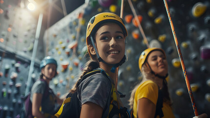 A group of friends are climbing together at an indoor climbing gym. The friends wearing harnesses...