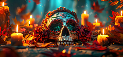 Naklejka premium Mexican skulls in the style of San Miguel de Allende, Mexico, Day of the Dead holiday concept. Cover for banner, brochure, flyer. Hyper-realistic photo. Skulls, flowers, candles. 