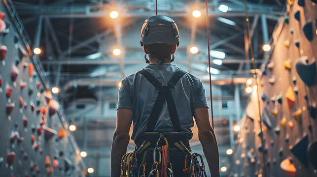 A young man is climbing a challenging route on an indoor climbing wall. The man wearing a harness and a helmet, and he using various climbing gear. it in a recreation center.