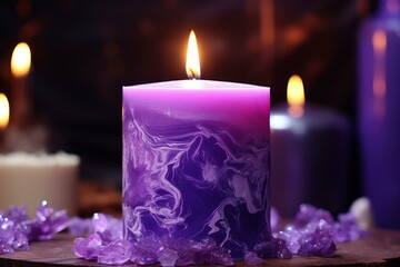 Obraz na płótnie Canvas Purple wax candle burning. Light glowing wick one festive. Generate Ai