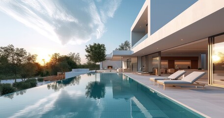 Fototapeta premium A Contemporary Home with Sleek White Walls, Blue Pool, and Tranquil Sky View
