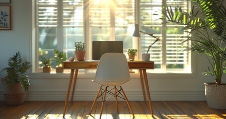 A Sunlit Modern Workspace with a Wooden Table, Laptop, and Chair, Set in a Contemporary Apartment