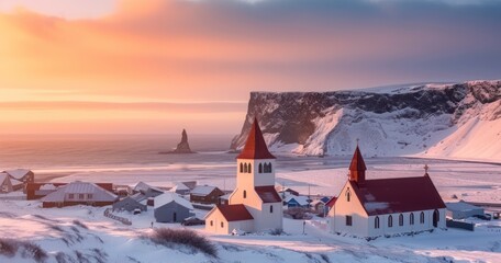 A Small Village and Its Church Bask in the Sunset's Warm Glow Amidst Snowy Cliffs and Ocean Waves - obrazy, fototapety, plakaty