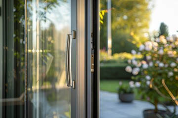 Metal handle on glass door with garden view