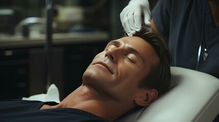 Handsome man is receiving a facial treatment to take care of his skin - obrazy, fototapety, plakaty