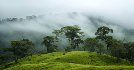 The Tranquil Vista of Trees Climbing a Verdant Hill Under the Fog-Enveloped Sky of a Cloudy Forest