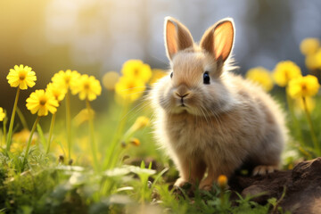 A small, fluffy bunny sits among bright yellow flowers in the sunlight, giving a serene and adorable scene with its soft gaze.