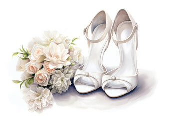 Watercolor bridal shoes and roses on whtie background