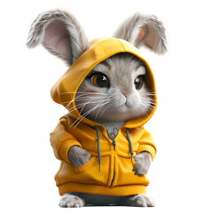 A 3D cartoon render of a playful hare wearing an oversized yellow hoodie.