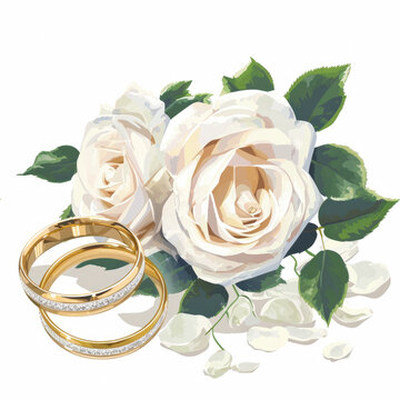 Watercolor bridal flowers and wedding rings on whtie background
