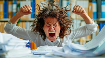 stressed out office worker screaming in pile of paper and file folders - obrazy, fototapety, plakaty