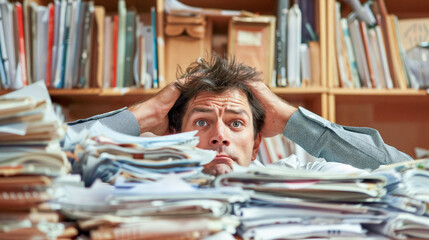 stressed out office worker in pile of paper and file folders - obrazy, fototapety, plakaty