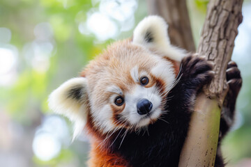 A red panda clings to a tree branch, its expressive eyes and striking fur detail captured against a backdrop of blurred green leaves, showcasing its natural beauty and curiosity.