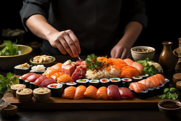 Art of Sushi Creation by Professional Chef.

An expert chef meticulously garnishes a sushi platter, perfect for culinary artistry, Japanese cuisine, and fine dining experiences.