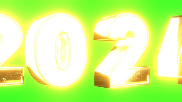 new year 2024 shiny gold text motion 3d modeling cinematic animation as transparent greenback background.