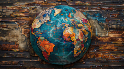 Rustic Globe Art with Wooden and Newspaper Background