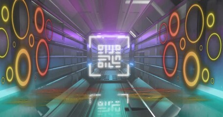 Animation of qr code with circles over digital tunnel