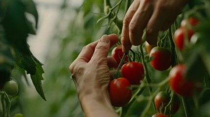 A closeup of a workers hands as they carefully and efficiently pick ripe tomatoes from neat hydroponicallygrown vines. The precision and speed of their movements reflect the