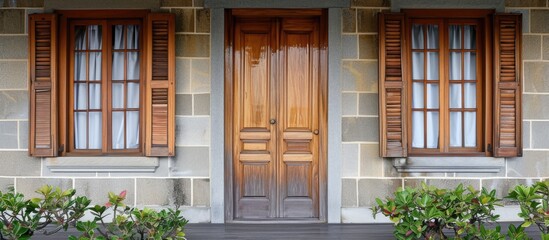 Two exquisite wooden doors are seen placed side by side on a homely house, set against a charming background.