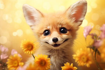 Obraz premium A smiling fennec fox surrounded by yellow flowers and pink blossoms under a warm, golden light.