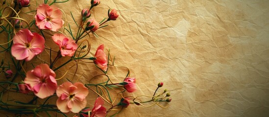 A bunch of pink Plumari flowers gently rests on top of a unique hemp texture background, creating an exquisite display.