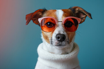 A stylish dog wearing oversized sunglasses and a white turtleneck sweater, posing against a blue background.