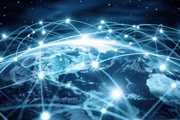 A digital illustration of Earth with glowing network connections symbolizing global communication and connectivity.