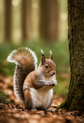 Happy red squirrel in the thicket of the forest looks with interest