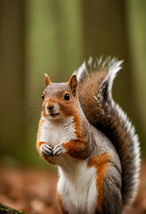 Obraz premium Happy red squirrel in the thicket of the forest looks with interest
