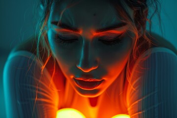 A captivating closeup of a woman surrounded by dazzling lights, illuminating her in the darkness with a sense of wonder and beauty