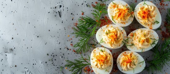 A top-down view of a group of dill pickle deviled eggs arranged neatly on a table, perfect for Easter celebrations. The table surface provides a clean background, ideal for adding text or labels.