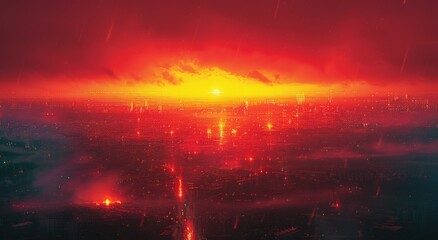 A fiery sky ignites the city, as the heat of a setting sun meets the majestic clouds and a volcanic red flare fills the outdoor landscape with a natural glow
